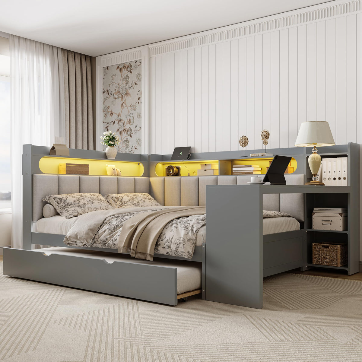 Grey Full Size L-Shaped Corner Bed with Trundle and Desk O187847