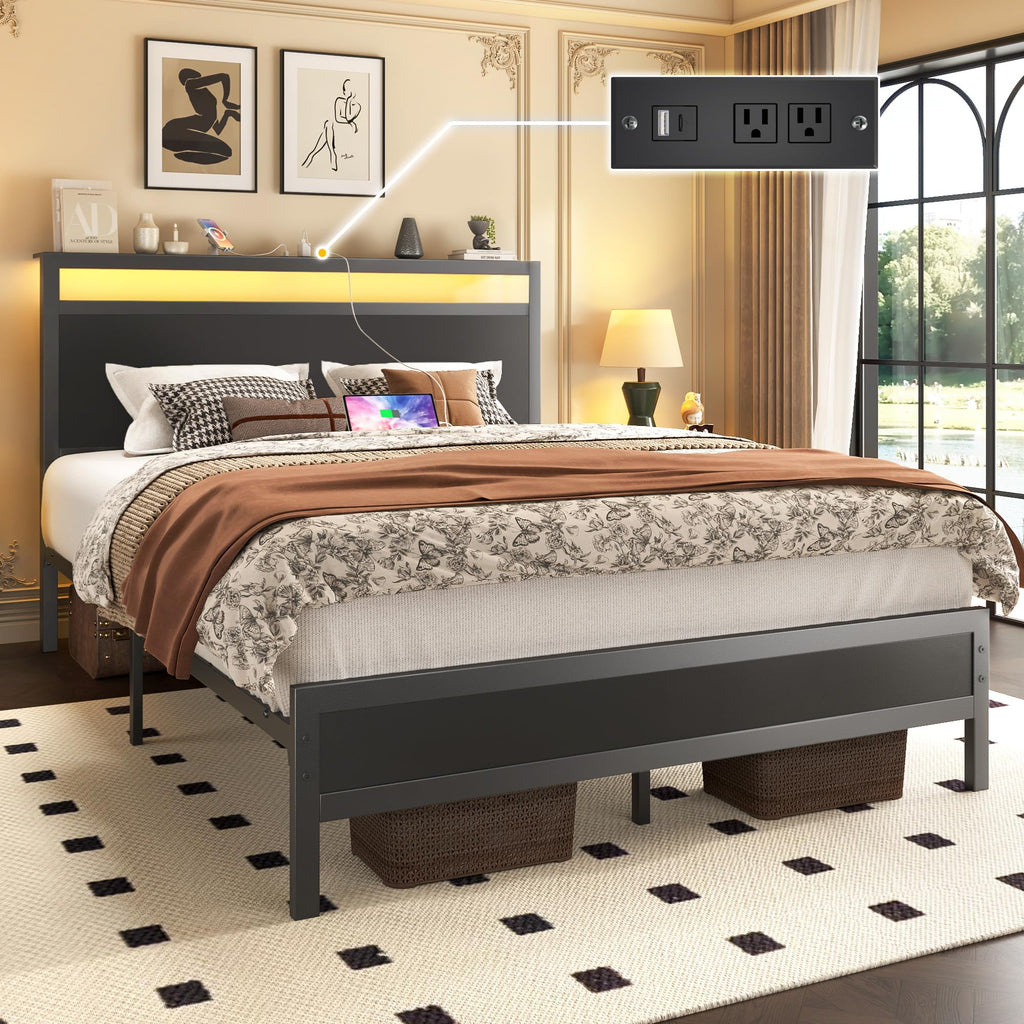 Full Bed Frame with Headboard, Footboard, Charging Station, LED Light, Storage Shelf, Black L56406