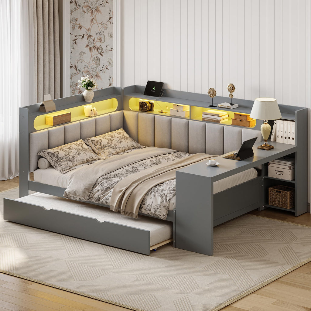 Grey Full Size L-Shaped Corner Bed with Trundle and Desk O187847